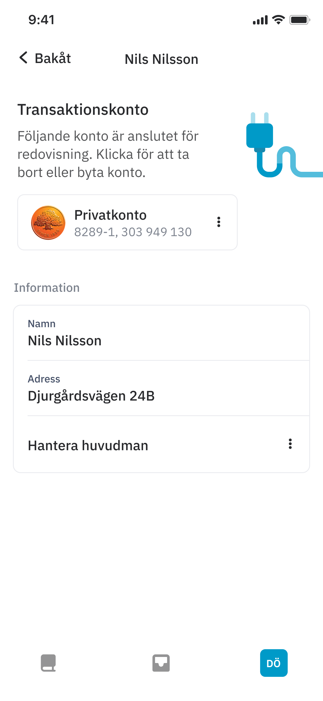 Screenshot of Aider profile screen with a connected bank account