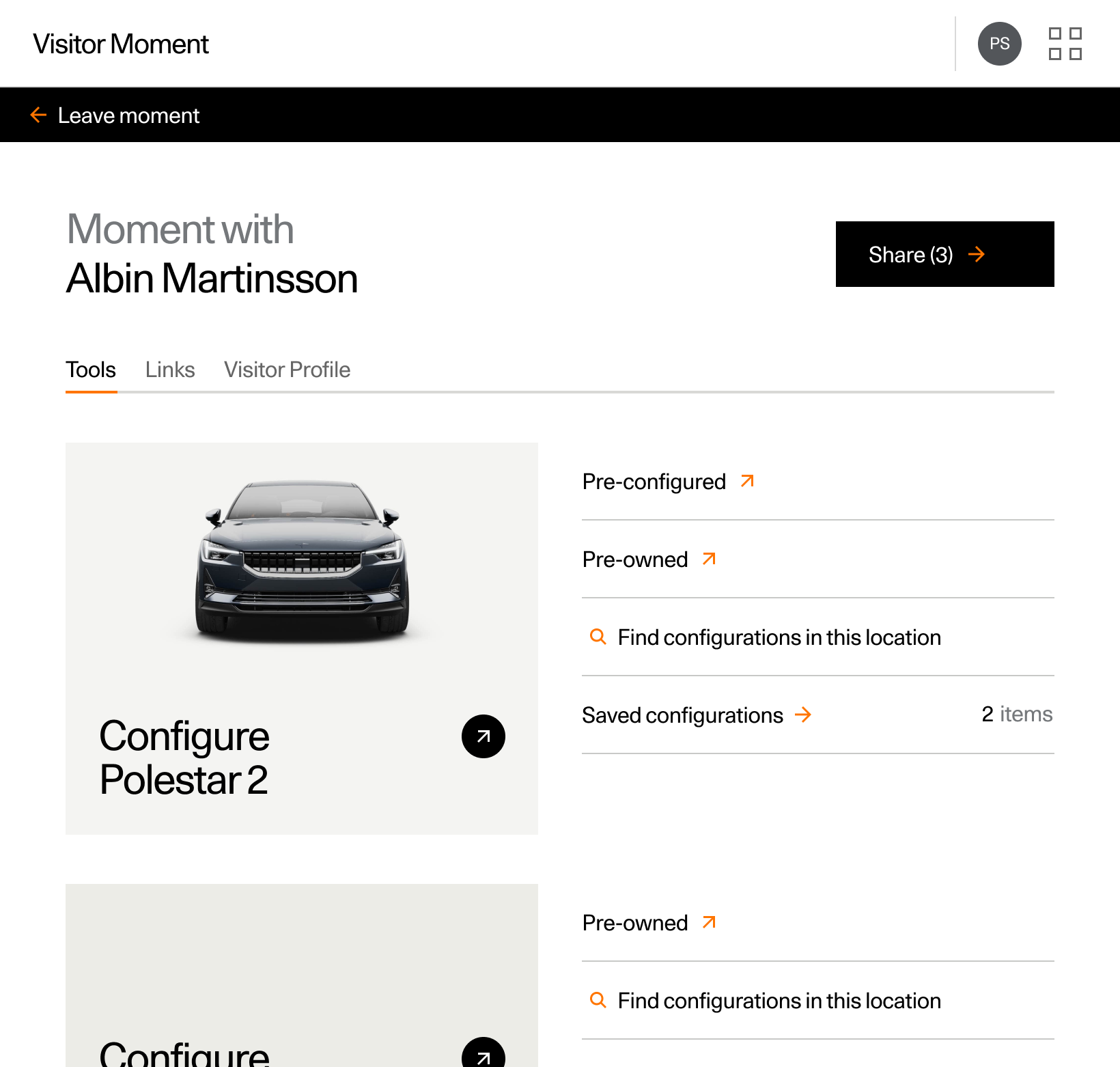 Screenshot of Polestar Visitor Moment app